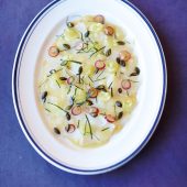 VERJUS-CURED MONKFISH WITH PUMPKIN SEEDS AND GRAPE DRESSING Serves 4 as a starter
