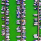 Boats in a marina form an abstract pattern in Brighton Marina, East Sussex, UK. Photo: Fergus Kennedy