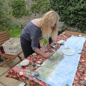 Painting fabric in the garden