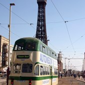 The iconic heritage trams in the traditional Fylde Coast seaside town of Blackpool