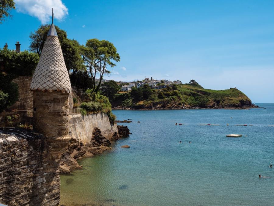 One of the famous conical towers overlooking Readymoney Cove at Fowey, the port town in south Cornwall where celebrated author Daphne du Maurier once lived