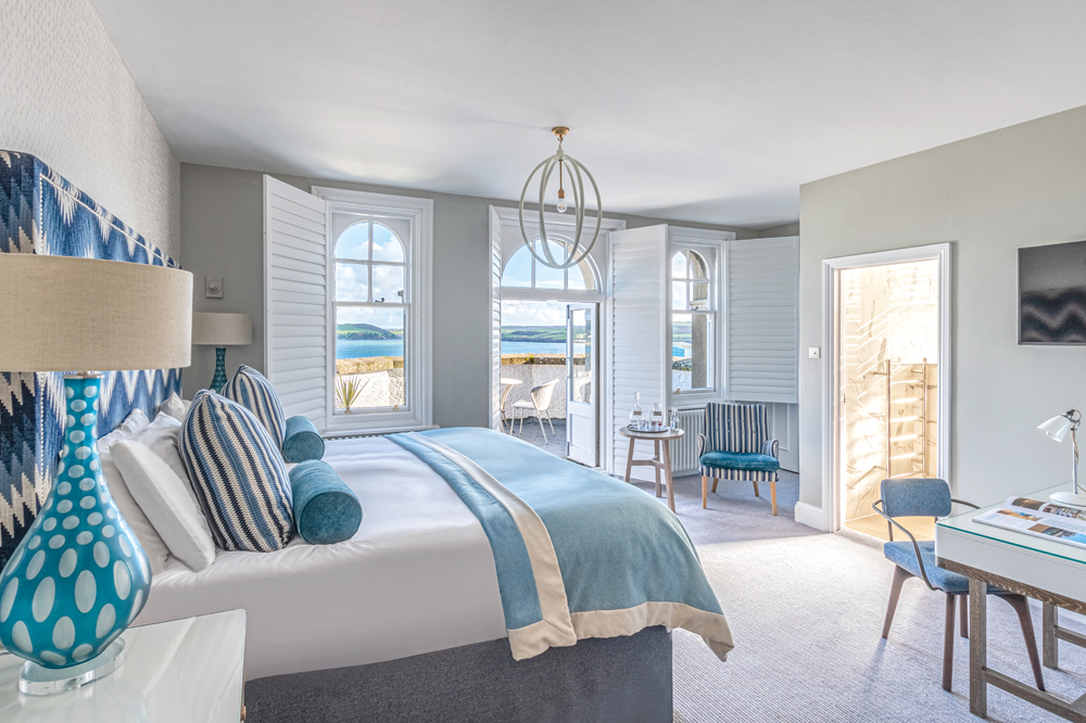 The Harbour Hotel, Padstow, Cornwall. The light and spacious rooms and suites are decorated in soothing blues and neutral tones, firmly rooted in Cornish chic