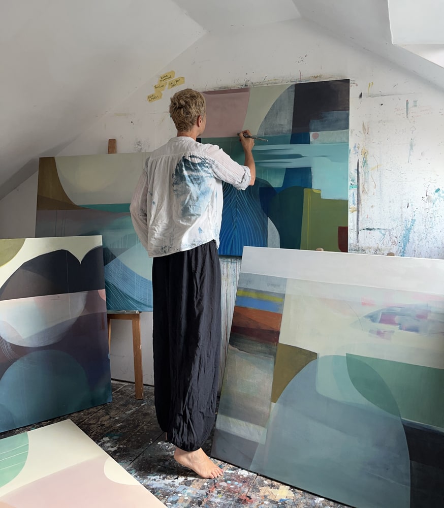 Louise says her family, past and present has always been drawn to the sea - she describes the line ofthe horizon of the coast as 'a muse' for her art, and her affinity for a marine palette of soft blues and mineral greens can be seen in many of her paintings. Photo credit kingandmcgaw.com and louisebody.com