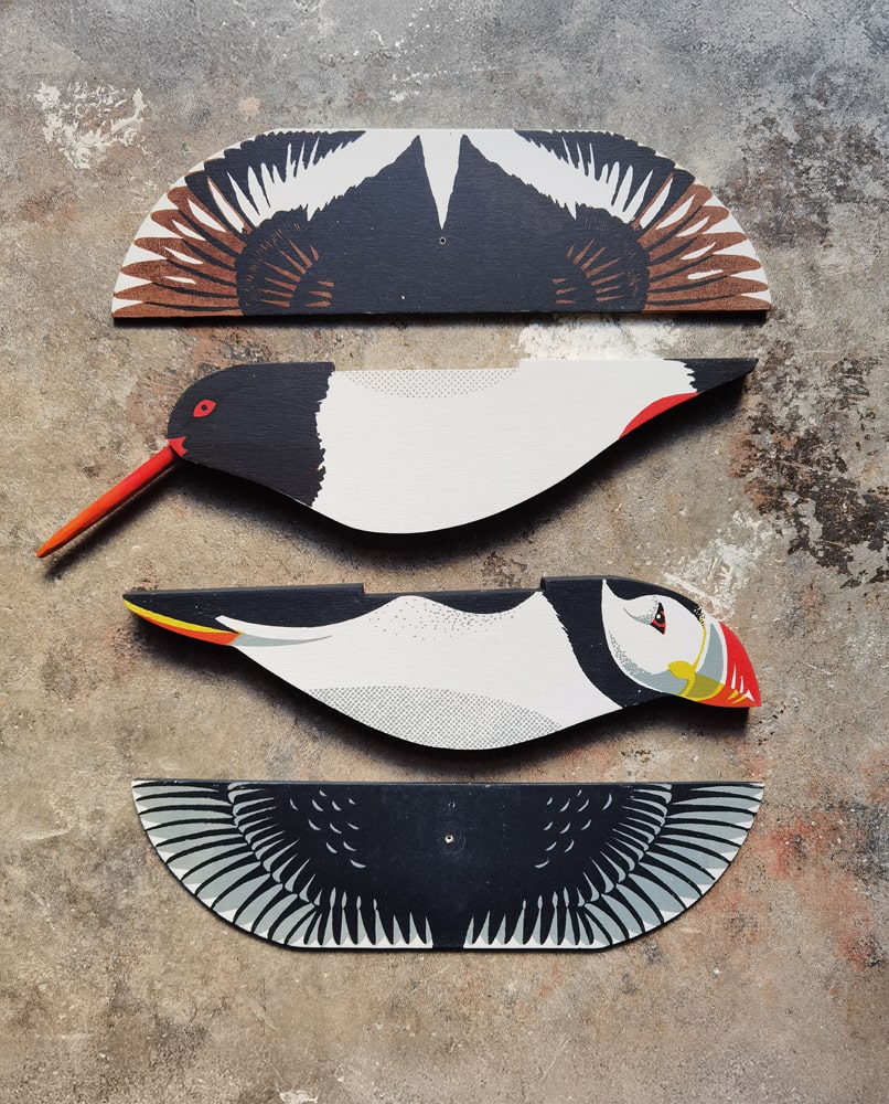 Oystercatcher and Puffin, two of Tom’s Wood & Bird hanging ornaments