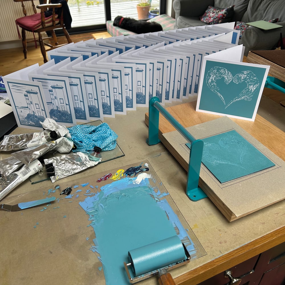 Hand-printing the linocut cards