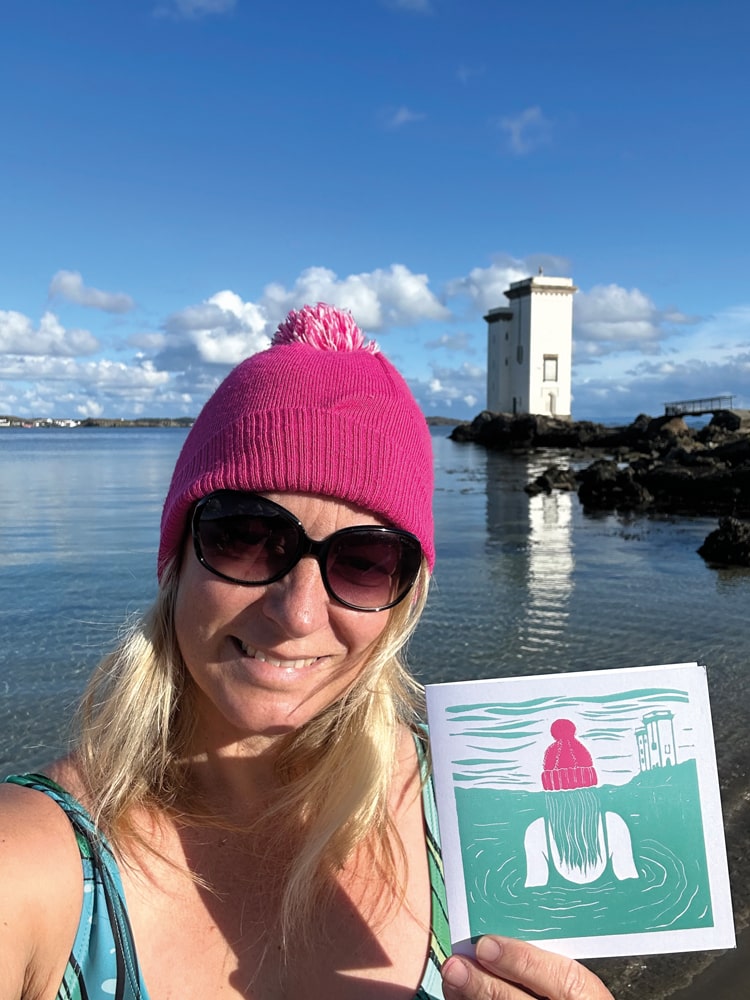Modelling the Morning Dip – Pink Hat hand-printed card;
