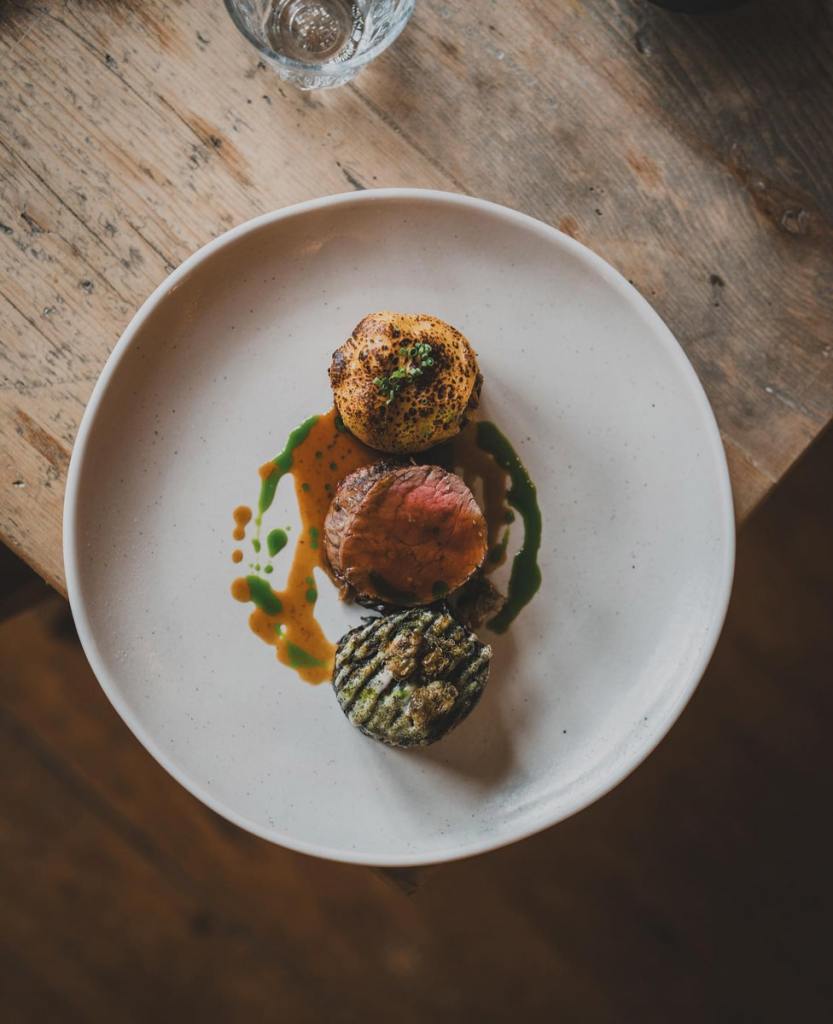  A beautifully presented dish of Nancarrow Farm’s organic meat and vegetables;