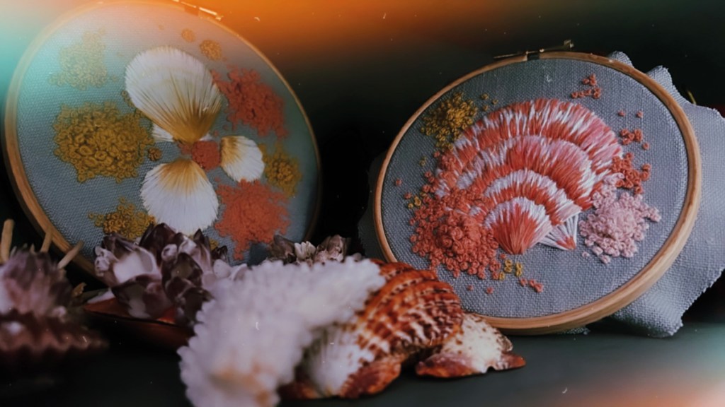 For Helen, the sea is a ‘daily inspiration’ and her holidays are often spent in Dorset, visiting Lulworth Cove and Durdle Door. She says she sees colours rather than shapes when she is by the sea and, as demonstrated by the shell embroidery in shades of coral, pink and yellow, her coastal palette is rich and varied; however, other works reflect her natural gravitation towards ocean blues and greens