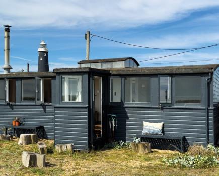 Keith and Mark were convinced that they would never be able to buy a place of their own in Dungeness, but they often visited the area and eventually saw the bungalow for sale. Located near the Old Lighthouse, the property was in an ‘unloved’ state, but the view ‘straight down to the beach’ from the living room persuaded them to take it on as a renovation project