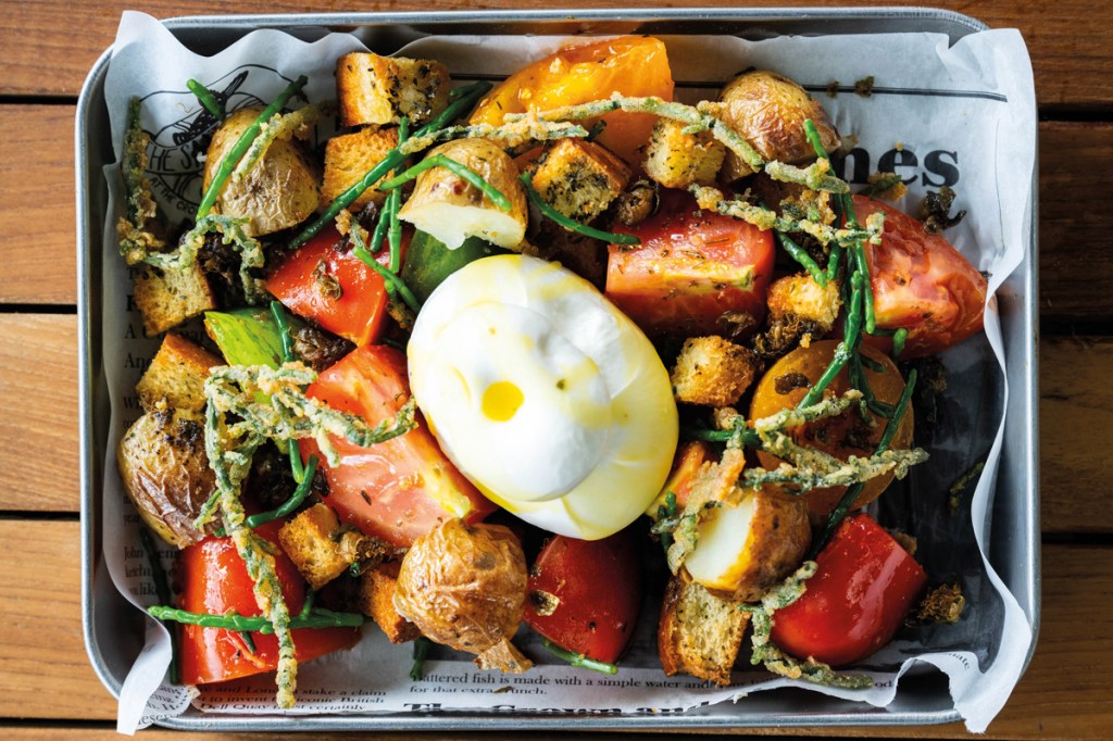Creamy burrata with samphire, panzanella and baby potatoes. Photography Matt Austin