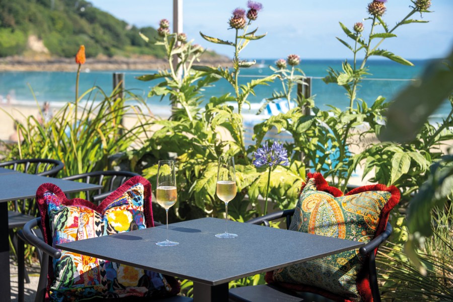 Coastal chic on the terrace at Walter’s on the Beach, Carbis Bay, Cornwall