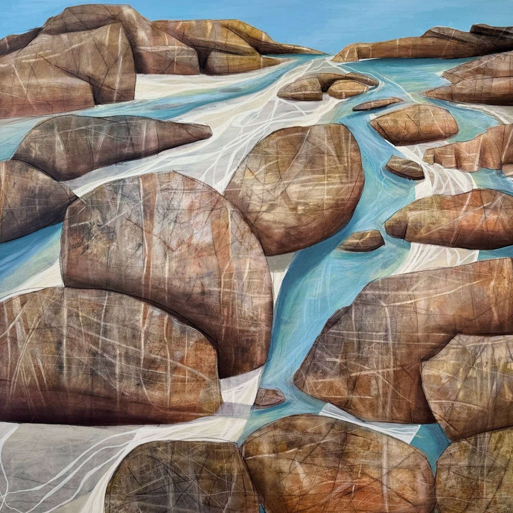 The finished version of Time and Tide, inspired by the coastlines of Shetland – Sarah says that for her, the Scottish archipelago has a sense of being completely exposed to the elements, which she finds grounding