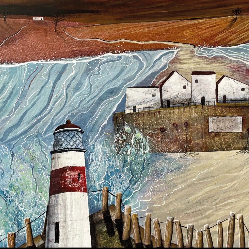 October Skies depicts waves crashing below a lighthouse